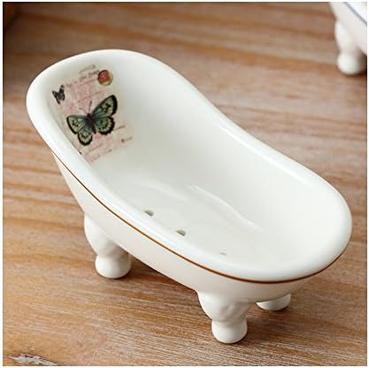 HEYFAIR Creative Bathtub Shaped Ceramic Soap Dish Soap Holder (Butterfly)