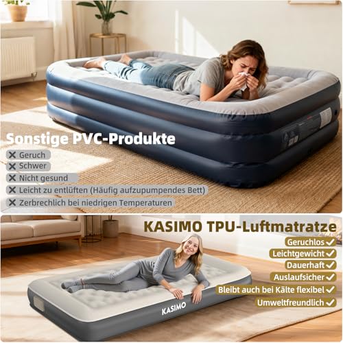 KASIMO TPU Air Mattress Self-Inflating, Air Bed for 1 Person, Guest Bed with Integrated Electric Pump, Inflatable Mattress with Cushion, Air Mattress 190 x 90 x 22 cm for Guests at Home and Camping
