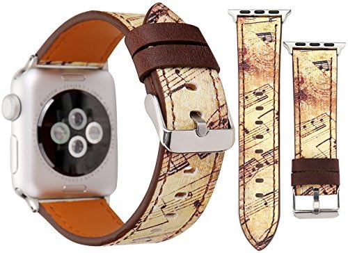 Painted Design for Apple Watch Band 38/40mm 42/44mm Soft PU Leather Painted Floral Musical Style Replacement Strap with Stainless Steel Classic Buckle for iwatch Series4/3/2/1(Brown-note-38/40mm) …