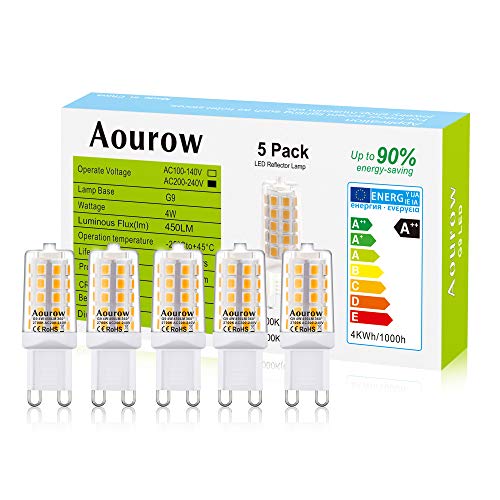 G9 LED Lampe Warmweiß 2700K,Aourow G9 LED Leuchtmittel 4W 450LM,Ersetzt 28W,33W,40W G9 Halogenlampe,Nicht Dimmbar,Keine Stroboskopisch,Kein Flackern,Hohe Helligkeit,360°Abstrahlwinkel,5er Pack