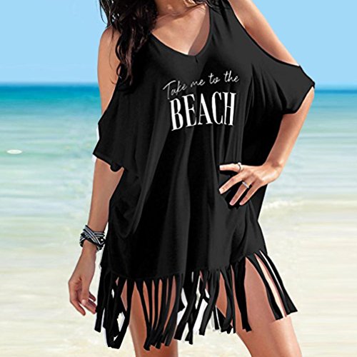 Keepfit Womens Tassel Letters Print Swimwear, Casual Bikini Cover-UPS Beach Dress Hot Sale (XL, Black) - Thumbnail 2