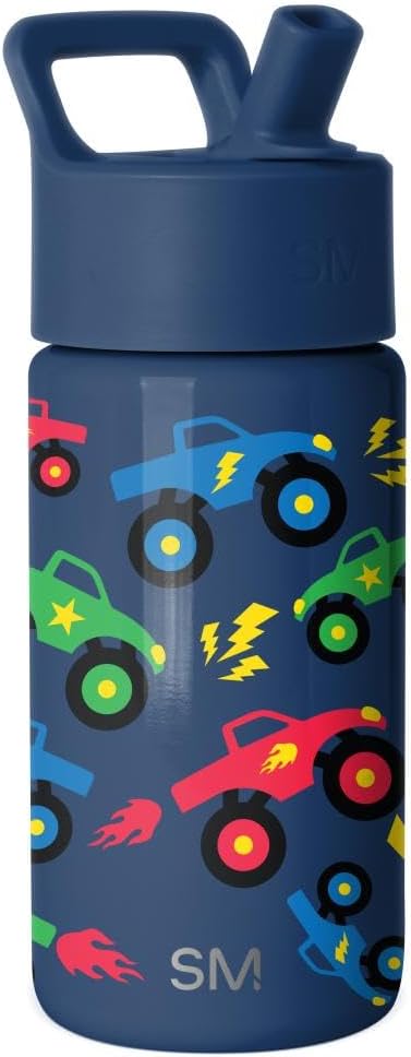 Simple Modern Kids Water Bottle with Straw Lid | 14oz Insulated Stainless Steel Kids Tumbler & Spill Proof Toddler Cup for School, Girls, Boys | Summit | Monster Truck Rally