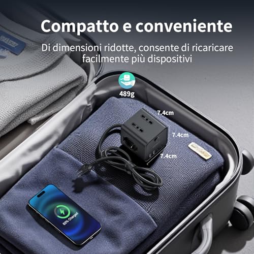 Electric Power Strip with 4 Universal Sockets 10/16A ITA and Schuko, 2 M Electrical Extension Cable with 2 USB A+2 USB C, Multiple Plug Flat Space-Saving with Switches for Home, Office, Black