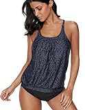 Crazycatz@Women Two Pieces Blouson Tankini Sets Loose Fit Tankini Sets Cross Back (US 12, BLACK)