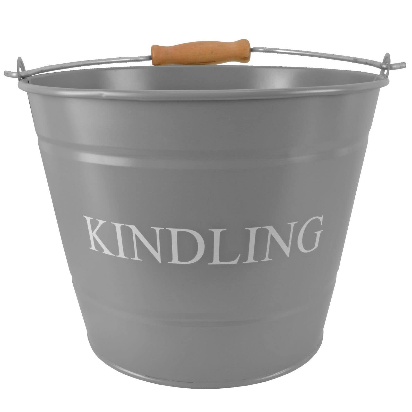 Small Metal Fireside Kindling Bucket with Wooden Handle - Diameter of 23cm (9") - Grey Finish