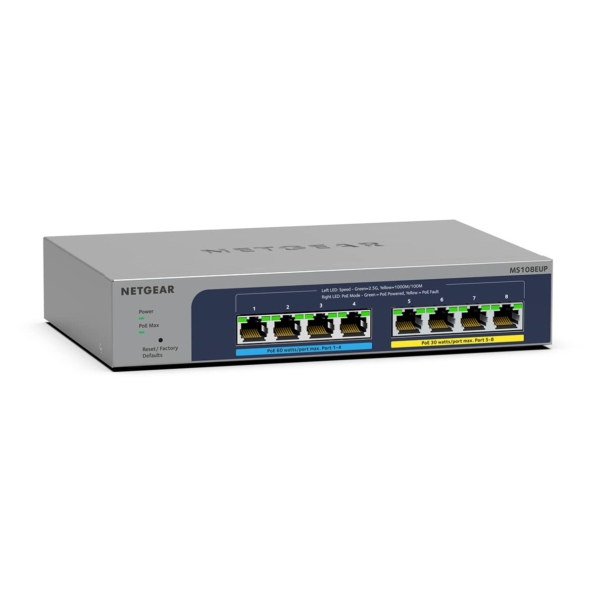 NETGEAR 8 Port 2.5GB Switch (MS108EUP) | Multi-Gigabit Managed Ultra60 PoE Plus Switch | 4x PoE+/++ Ports at 230W | Fanless, Wifi 6 Access Point Connectivity, ProSAFE
