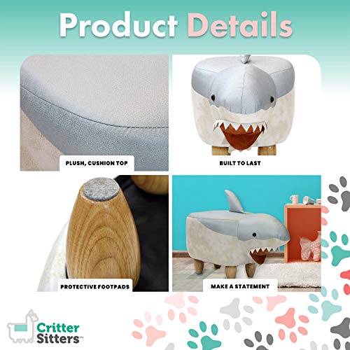 Critter Sitters 15" Blue/White 14" Seat Height Animal Shark-Faux Leather Look-Durable Legs-Furniture for Nursery, Bedroom, Playroom & Living Room-Décor Ottoman - Thumbnail 4