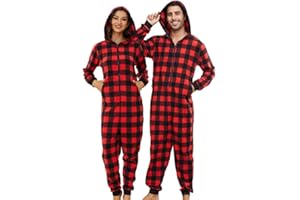 U2SKIIN Couple Onesie Pajama Sets, Hooded Zipper Christmas Matching Plaid Pjs Set for Men and Women Soft Warm Jumpsuit