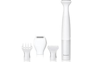 Panasonic Bikini Trimmer and Shaver for Women with 4 Attachments for Fast Easy Gentle Grooming in Intimate Areas, Use Wet/Dry, Electric Razor, Battery-Operated – ES-WV62-H (White/Silver)