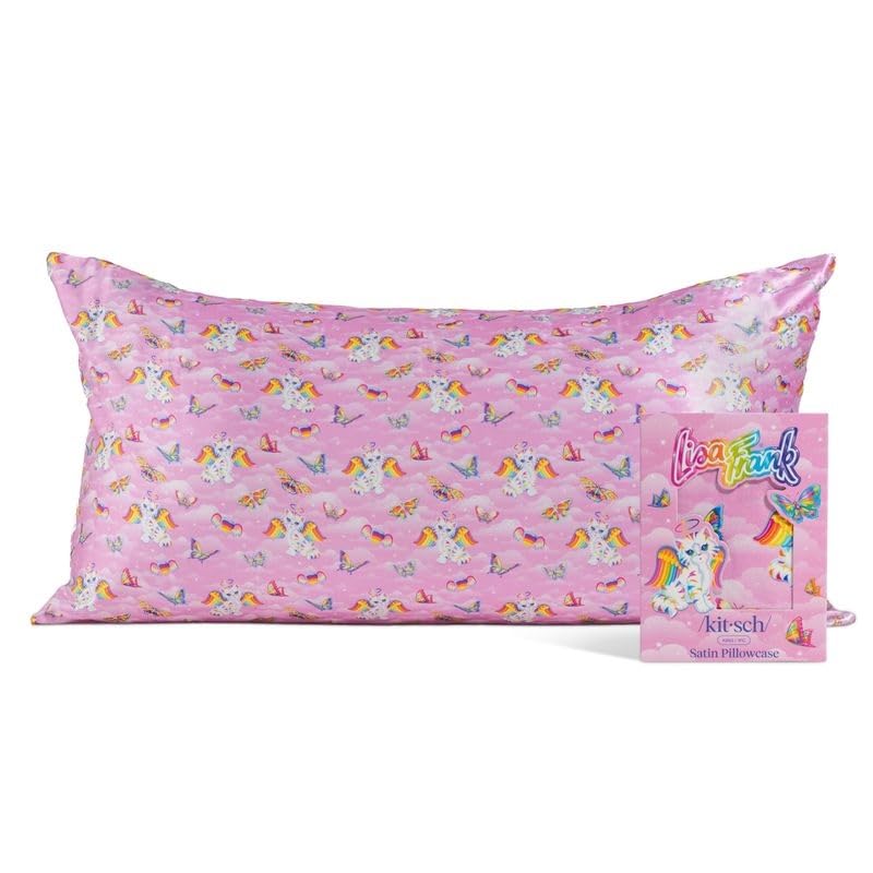Kitsch x Lisa Frank Satin Pillowcase with Zipper for Hair & Skin, Softer Than Silk Pillow Cases, Wrinkle-Free, Smooth and Cooling Satin Pillow Covers, King Size (19x36) - Angel Kitty Image