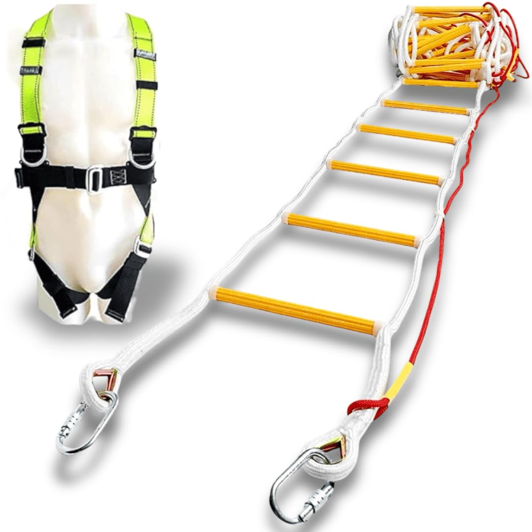 Rope Ladder Fire Escape for 3-4 Story Homes 32 ft (10 m) Flame Resistant Unique Emergency Fire Ladder with Spring Hooks, Safety Cord & Full Body Belt – Portable, Reusable & Certified