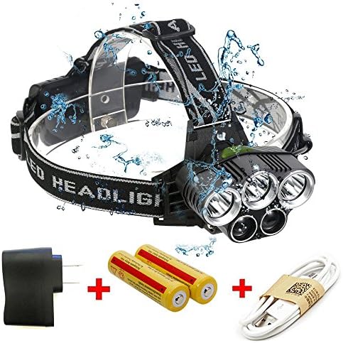 LED Headlamp, Super Bright 5 LED 8000 Lumens Zoomable Headlight LED Rechargeable Zoomable Waterproof Head Torch Headlight Flashlight for Outdoor Hiking Camping Hunting Fishing Walking (5 LED Gray)