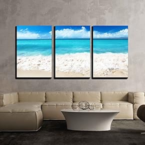 3 Piece Canvas Wall Art - Sand of Beach Caribbean Sea - Modern Home Art Stretched and Framed Ready to Hang - 16"x24"x3 Panels
