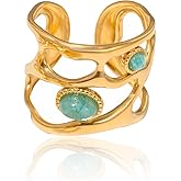 Dikixe Boho Western Turquoise Ring, Oval Turquoise Gemstone December Birthstone Open Adjustable Statement Ring, Gold Plated Stainless Steel Stackable Rings for Women