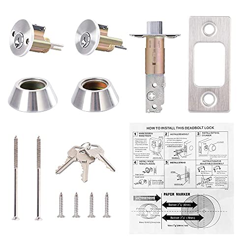 Rulart Double keyed Deadbolt Lock - Keyed on Both Sides, 2-Way Adjustable Cylinder Deadbolt (Privacy/Passage), Satin Stainless Steel (Silver, Single Cylinder) (Silver, Double Side)