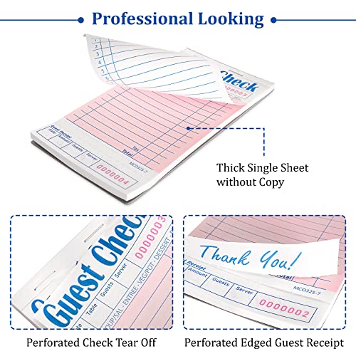 Jowlawn Guest Check Pads for Waiters Waitresses, 20 Pack Server Note Pads with Receipt Holder Spike for Restaurant, Café, Food Truck, Lounges, 1000 Sheets Guest Check Books for Servers, Pink