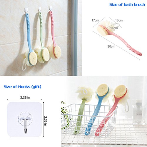 Bath Brush with Long Handle Bamyko Shower Back Scrubber Body Brush Sponge Loofahs 2 Pack + Self Adhesive Hooks 2 PCS
