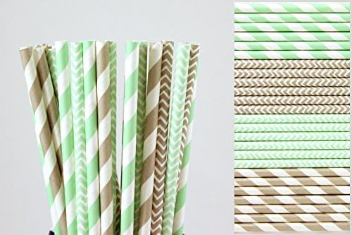 Mint Green and Grey Paper Straw Mix - Striped, Chevron (75)