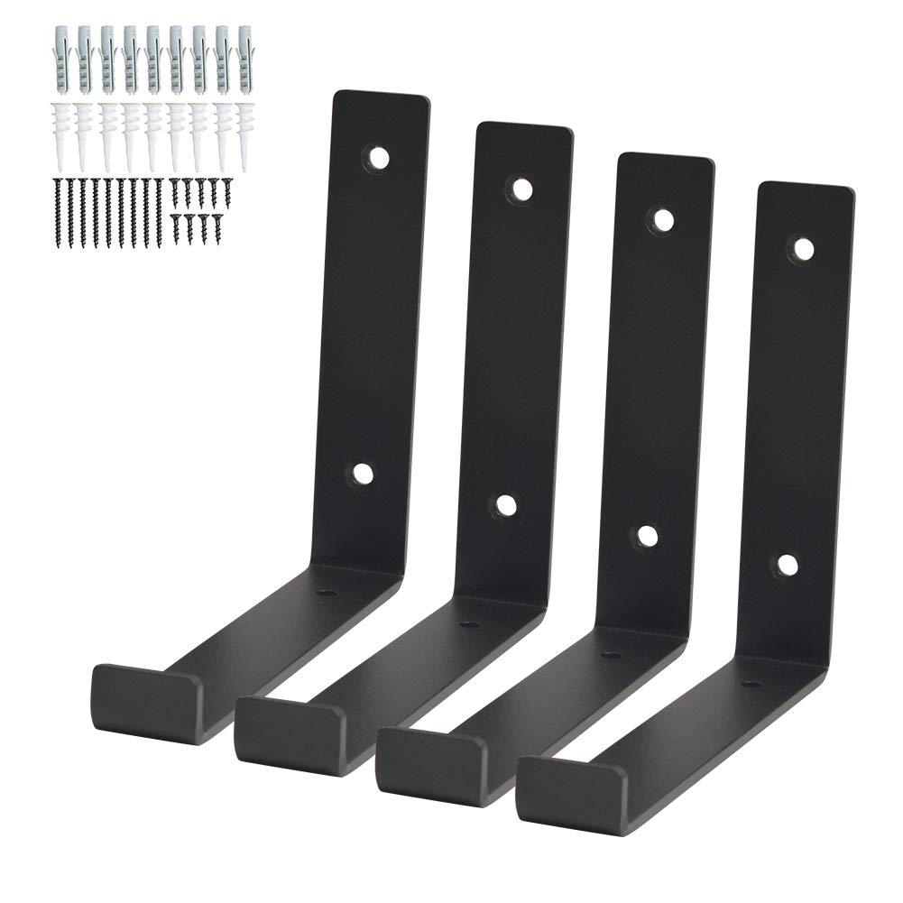 4 Pack Shelf Brackets, Wall Mounted Shelve Brackets,J Bracket with Lip,Shelving Support Brackets, Book Shelf Bracket with Screws and Anchors,Black(7.25 inch)