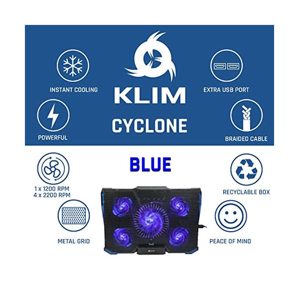 KLIM-Cyclone-Laptop-Cooling-Stand-Maximal-Cooling-XL-Laptop-Stand-With-5-Cooling-Fans-Compatible-Gaming-Laptop-Cooling-Pad-Blue-New-2021-Version KLIM Cyclone Laptop Cooling Pad - NEW 2023-5 Fans Cooler - No More Overheating - Increases PC Performance and Life…