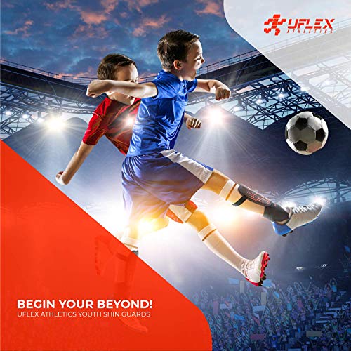 UFlex Athletics Slip and Slide Shin Guards for Kids and Teens - Protective Soccer Gear for Boys and Girls with Padded Ankle Support - Non Slip Adjustable Straps (Medium)