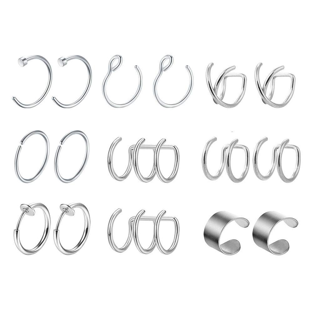 Mayhoop 8 Pairs Ear Cuff Fake Piercings Stainless Steel Silver Non-Piercing Fake Lip Nose Helix Cartilage Ring Hoop Cuff Earring Clip-on for Women Men No Pierced Body Jewelry