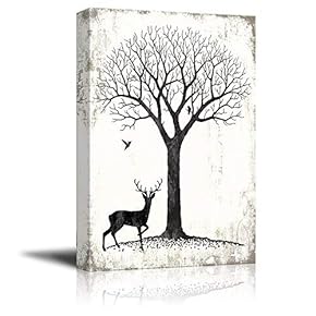 Canvas Wall Art - Abstract Landscape with Tree and Birds and a Deer - Giclee Print Gallery Wrap Modern Home Art Ready to Hang - 12x18 inches