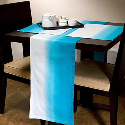 Cambay Linens Gradient 100% Cotton Kitchen Decorations - Set of 7 Colorful Table Runner and Placemat - Perfect Novelty Design For Kitchen or Living Room - White & Blue, 1 Runner and 6 Placemats