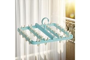 Foldable Clothes Hanger with 24 Clips Windproof Rotating Hook, Space Saving Laundry Drying Rack for Socks, Underwear, Towels（