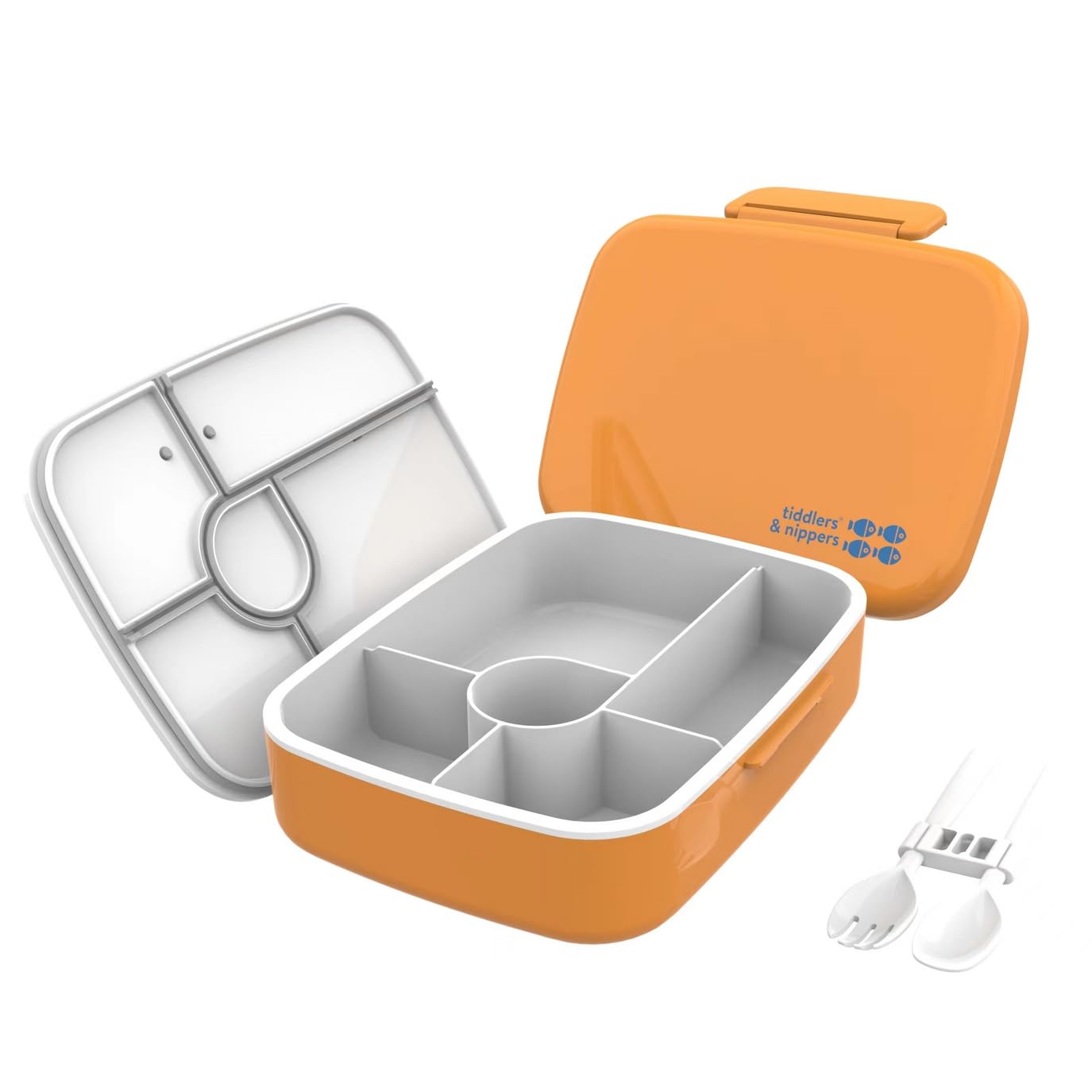 tiddlers & nippers 5 Compartment Lunch/Bento Box for Kids & Adults! | Includes Reusable Cutlery - Fork & Spoon | Leak-Proof & BPA-Free | Microwave, Freezer & Dishwasher Safe (Plain Orange)