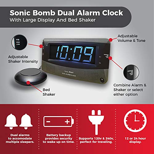 Sonic Alert Dual Extra Loud Alarm Clock with Bed Shaker Sonic Boom