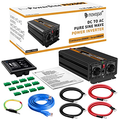 NOVOPAL 2500W Inverter 12V 220v Pure Wave Voltage Converter | 5M Remote Control, 5V 2.4A USB Port, 2 AC Outlets for Car, Truck, Caravan