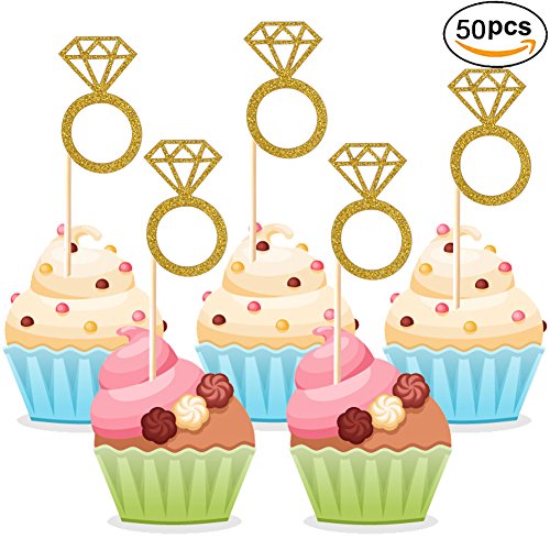 50 Pack Cupcake Toppers Gold Glitter Mini Diamond Ring Cakes Toppers for Marriage Engagement Anniversary Birthday Bridal Shower Party Cake Decor
