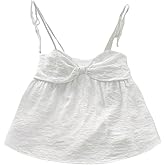 OYOANGLE Women's Cute Bow Tie Shoulder Cami Top Textured Ruffle Camisole Tops
