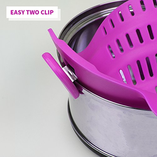 Hoofun Clip-on Silicone Colander, Snap Strainer Colander BPA Free for Spaghetti, Noodles, Pasta, Fruit, Ground Beef- Adjustable Food Grade Filter and Sieve Snaps on Bowls, Pots and Pans (Purple)