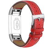 iGK Leather Replacement Bands Compatible for Fitbit Charge 2, Genuine Leather Wristbands New Red with Metal Connectors