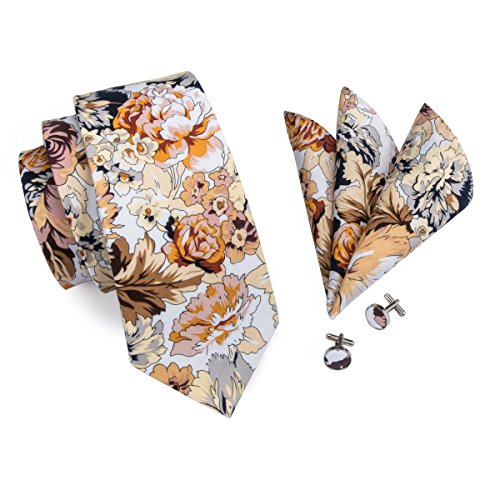 Hi-Tie Men's Floral Ties With Handkerchief Cufflinks Gift set Jacquard Woven Silk Necktie Tie Set (brown Print)