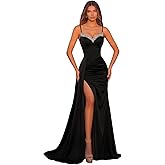 Women's Spaghetti Strap Rhinestone Evening Gown, V Neck Sparkly Formal Dress for Wedding Guest Party Club Night Prom