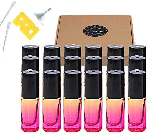 ConStore Essential Oil Roll On Bottle Gradient Color Roller Bottles 5ml Thick Glass Roller Ball Containers (18Pack,Rainbow Glass,1pc Opener&Box&Funnel,2pcs dropper) Travel Perfume Metal Ball Vials