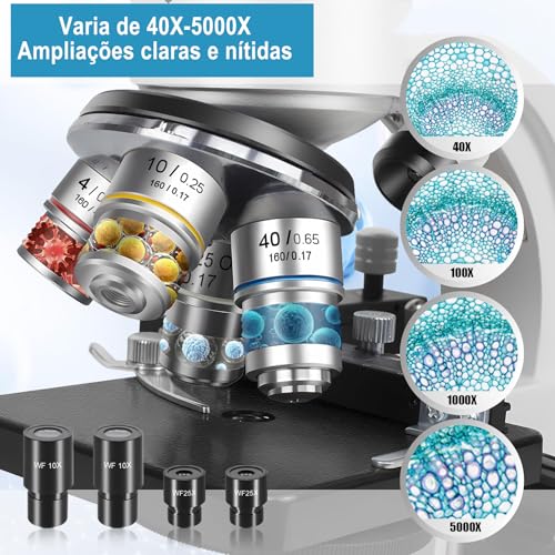 Microscopio, Microscópio, Microscopio Profissional 5000X, Kit de Eletrônico Trinocular Profissional, 5000X, Biológico, Com 2X, 10X, 25X