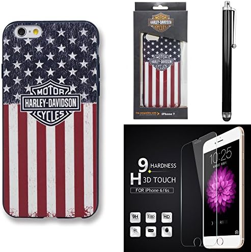 Harley Davidson USA Flag TPU semi rigid cover for the iPhone 7. Comes with tempered glass screen protector and stylus pen.