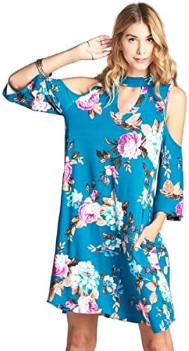 Oddi Women's Floral Cold Shoulder Choker Swing Dress (Large, Teal)
