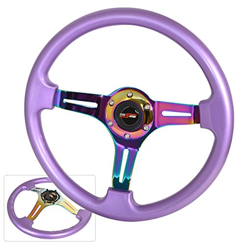 AJP Distributors 6 Bolt 350mm 1.75" Deep Heavy Duty Metal Steering Wheel Neo Chrome Center Purple Trim Streak Hole 3 Spokes + Godsnow Horn Button