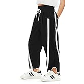Haloumoning Girls Baggy Wide Leg Pants Kids Striped Elastic Waist Parachute Track Pants with Pockets 5-14 Years