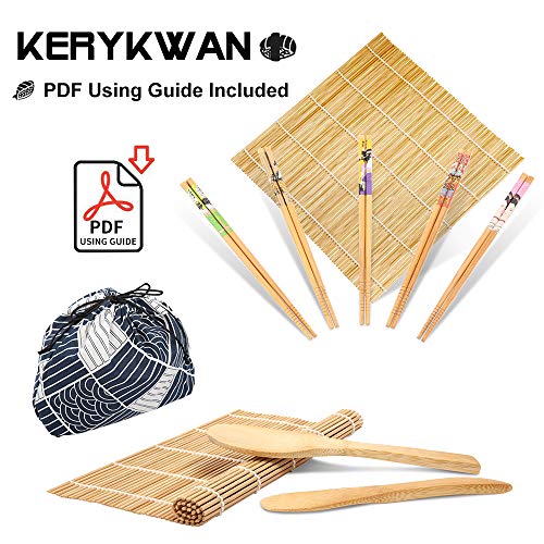 Bamboo Sushi Making Kit-2 Carbonized Bamboo sushi Rolling Mats,5 Pairs Chopsticks,1 Rice Paddle,1 Rice Spreader,1 Storage Bag-Complete Sushi Maker for Beginner-Beginner Guide PDF Included