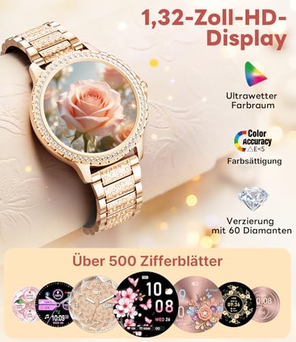 LIGE Women's Smartwatch with Phone Function, 1.32 Inch Diamond Fitness Watch for iOS Android with Sleep Monitor, SpO2, Heart Rate Monitor, Blood Oxygen, Menstrual Cycle, Smartwatch, Rose Gold