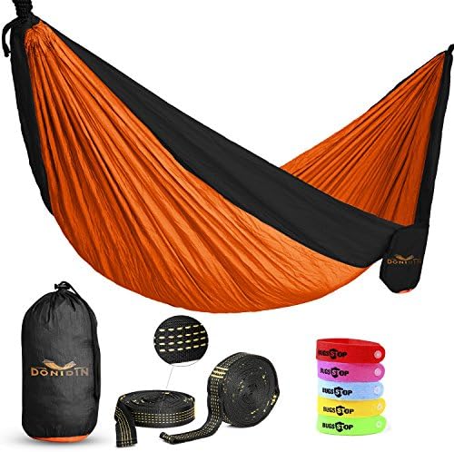 Double Hammock, XL, Fits 2 - (up to 400 lbs.) for Outdoors, Camping, Hiking, Beach, Yard, Top Quality Parachute Nylon, Weather Resistant, 118" L x 78" W - 2 Bonuses. (Blue or Bright Orange) by Donidin