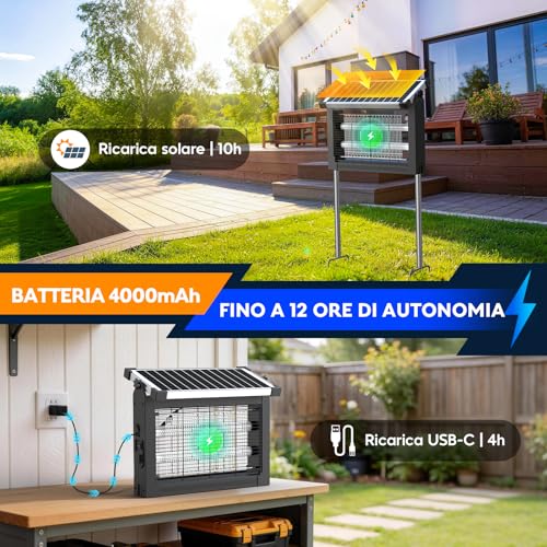 Dnenellr Outdoor Solar Anti-Mosquito Lamp, 4500 V Electric Mosquito Killer, IPX5 Waterproof, USB-C Rechargeable, 4000 mAh Battery, Cordless with Stake for Garden, Lawn, Terrace, Camping