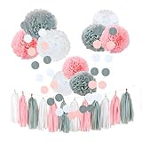 CHOTIKA 23 pcs Tissue Flowers Pom Poms Party Girl Paper Decorations First Birthday Girl Tissue Flowers Tassel Paper Baby Shower Decorations Supplies Kits Paper (Pink-White-Grey)