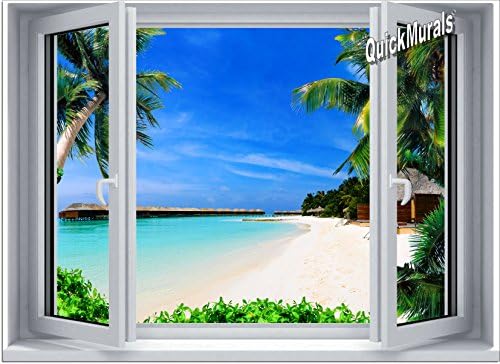 Peel and Stick 58inch W x 42inch H 3D Instant Window Wall Mural PRINTED ON SELF ADHESIVE CANVAS! Removeable & Re-usable! (Beach Resort Window)